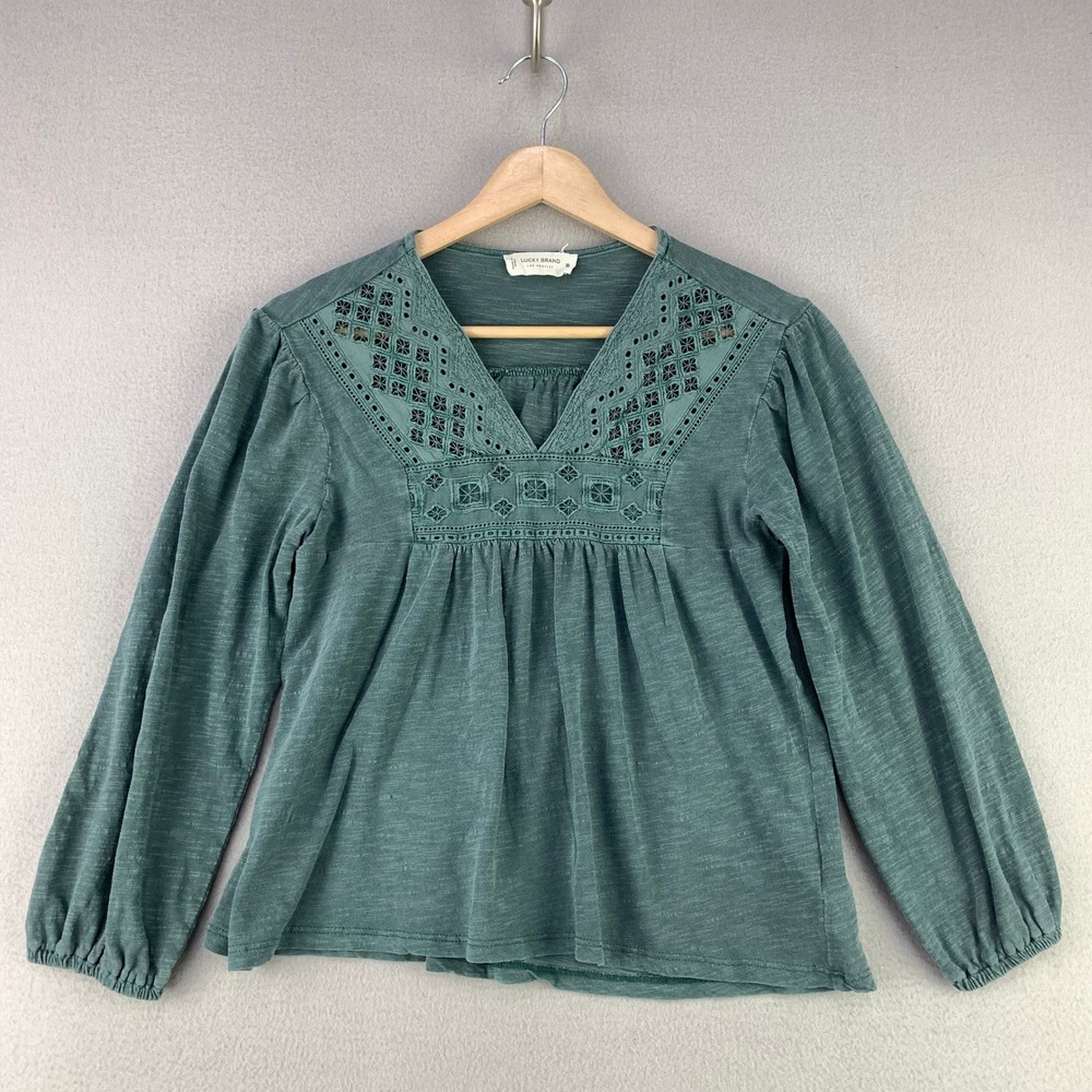 Lucky Brand Eyelet Embroidered Blouse Women XS Green Boho Peasant Long Sleeve